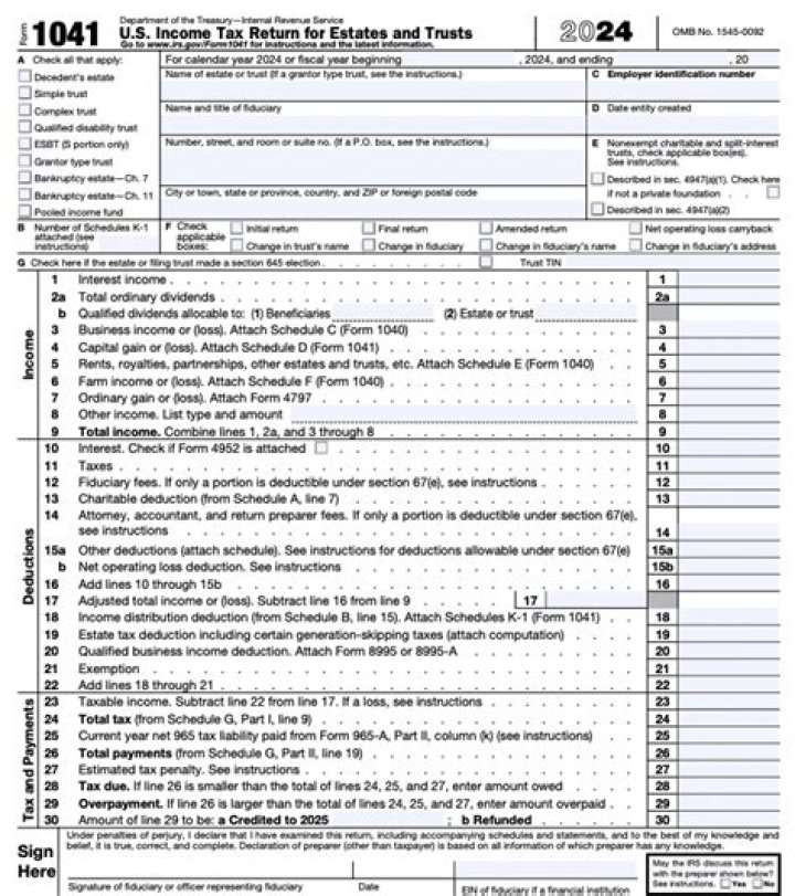 How are final year deductions reported on Form 1041?