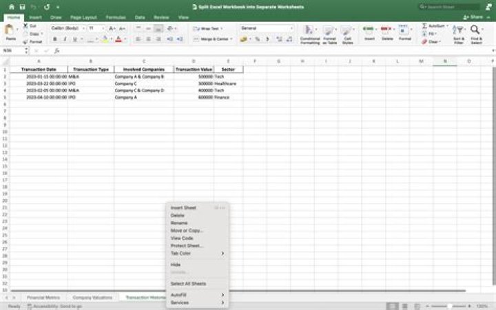How do I separate worksheets in Excel workbook?