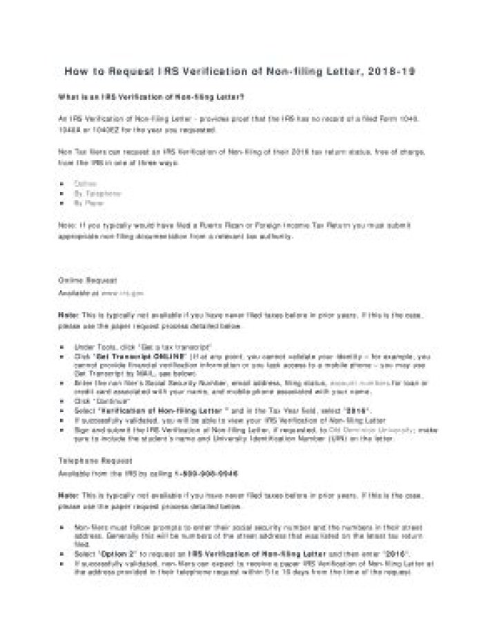 How to request IRS verification of non filing letter, 2018-19?