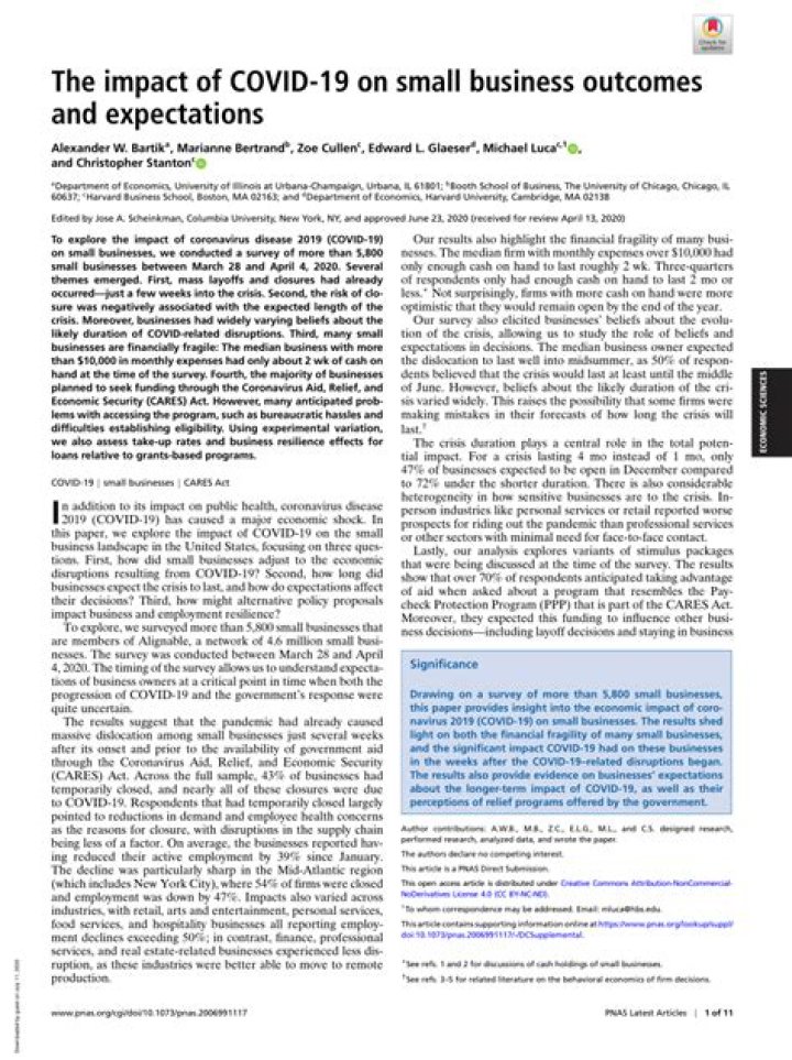 The Impact of COVID-19 on Small Business: Outcomes and Expectations