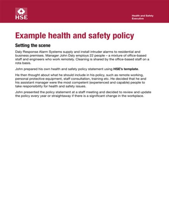 What are the 3 main sections of a health and safety policy?