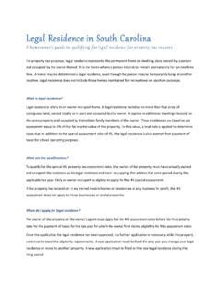 What determines legal residence in South Carolina?