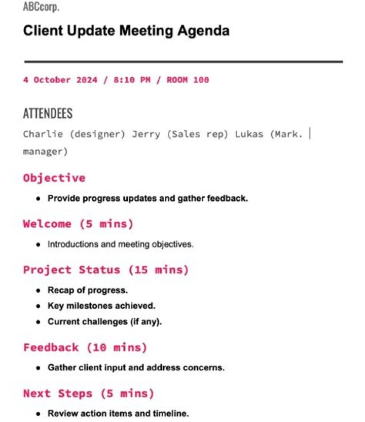 What is in an agenda for a meeting?