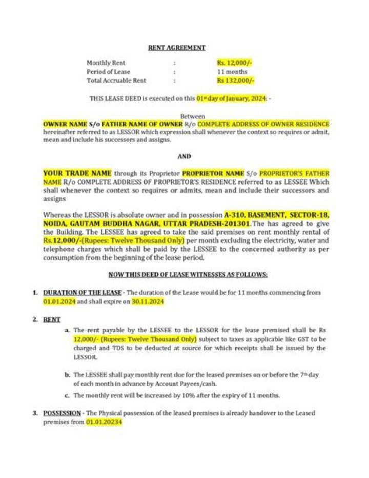 Who is responsible for rent agreement?